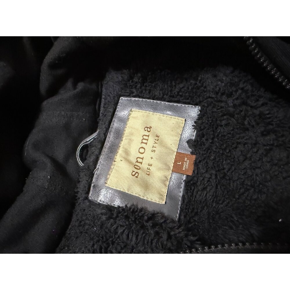 Sonoma Men’s Large Faux Leather Jacket Gray Fleece Hooded Zip Up Coat -READ Desc - Picture 4 of 9